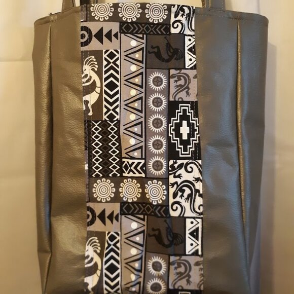 New Southwestern Kokopelli Tote Shopper shoulder Bag Gray Double handle Carryall - Picture 8 of 11